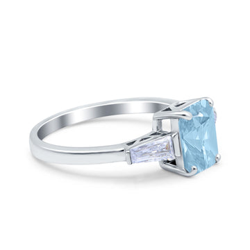 Art Deco Wedding Ring Emerald Cut Simulated Aquamarine CZ 925 Sterling Silver